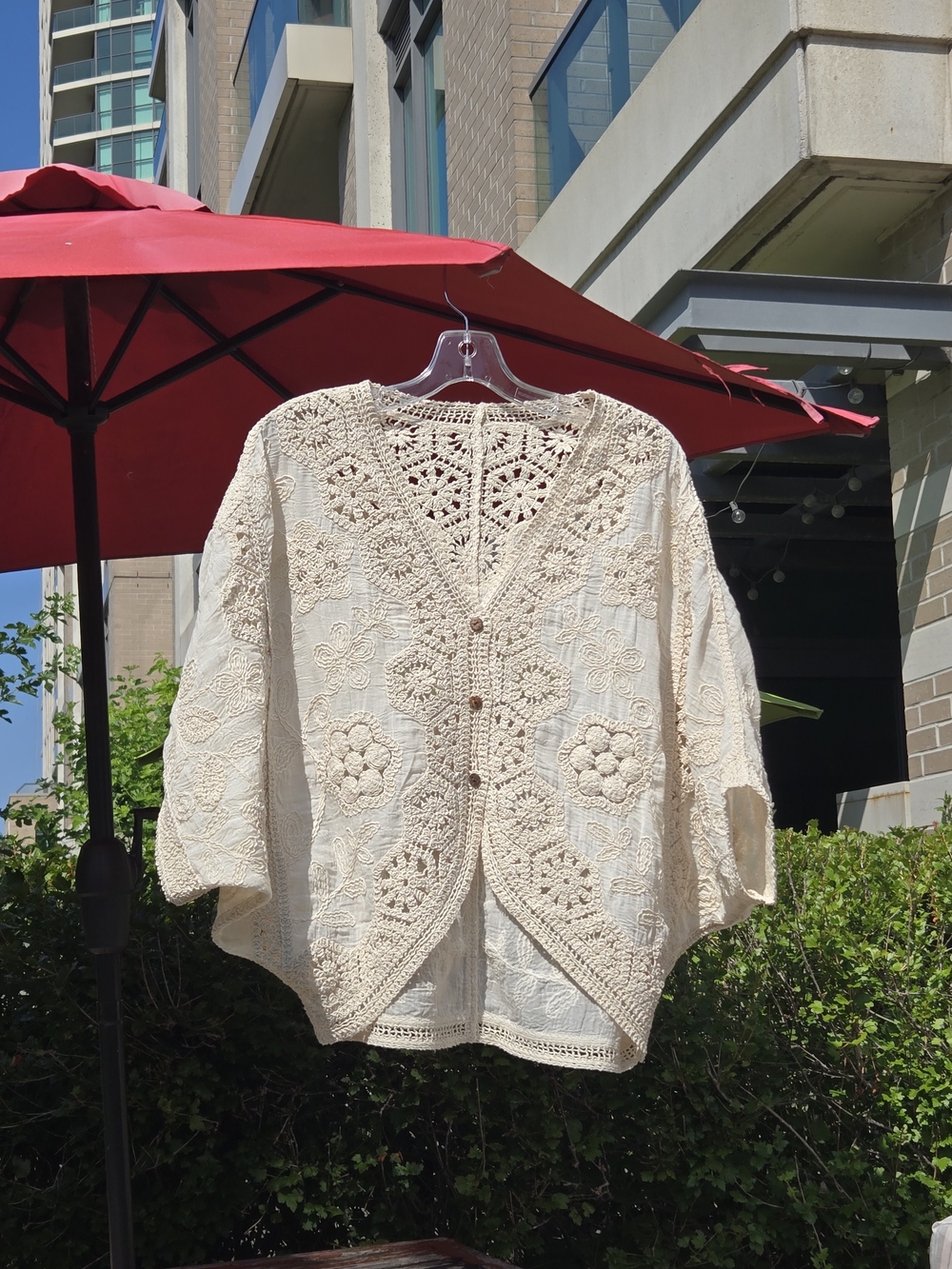 Hand Crafted Cotton Cream Crochet Button-Front Crop Top US M